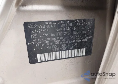 2008 Hyundai Azera Se/Limited z USA, uszkodzony, nr VIN KMHFC46F38A301450